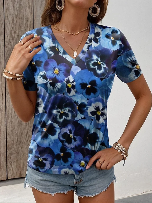 Women's Floral Daily Print Short Sleeve Fashion V Neck T-Shirt socialshop