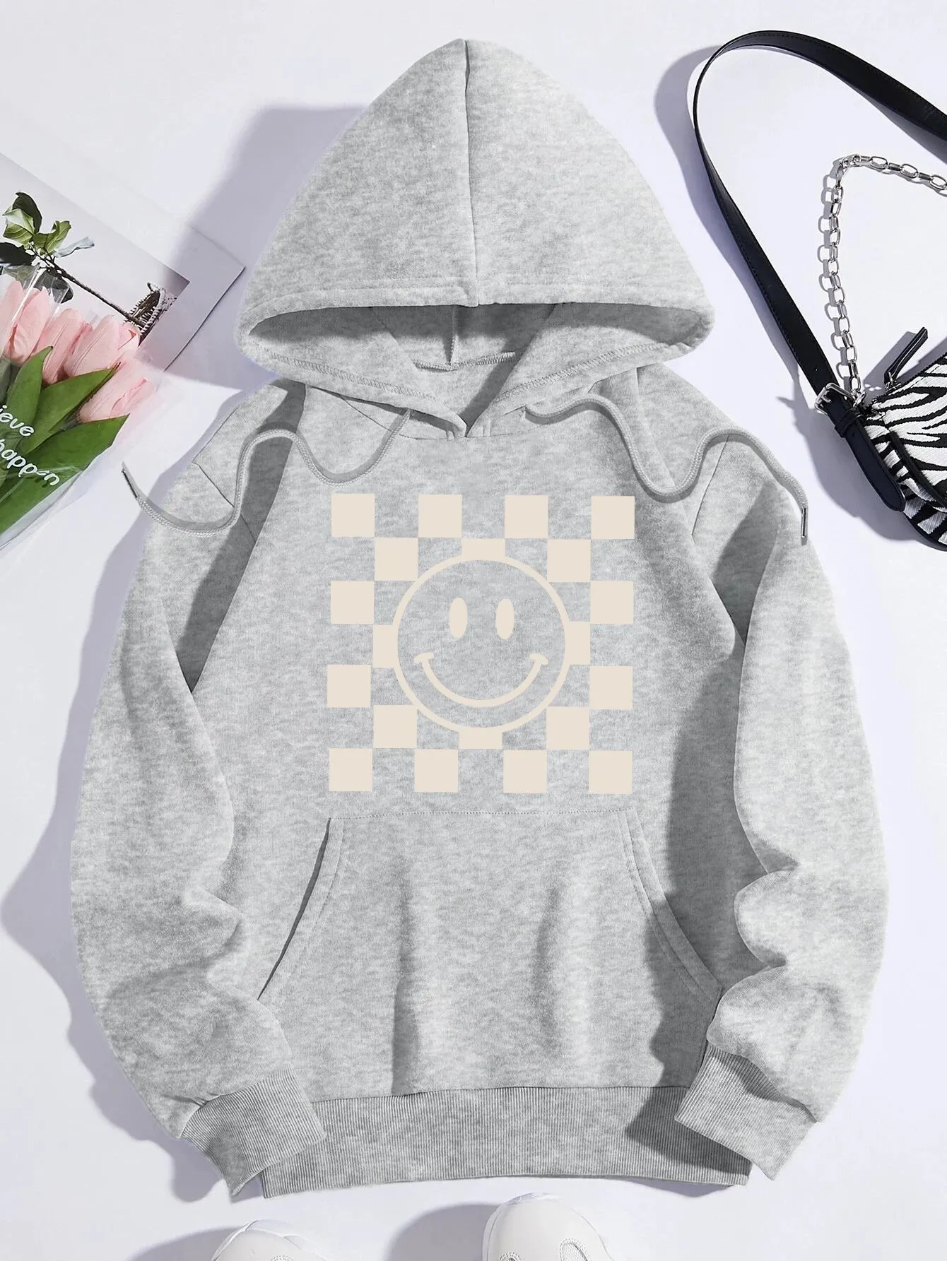 Printed on front Kangaroo Pocket Hoodie Long Sleeve for Women Pattern Smile Face