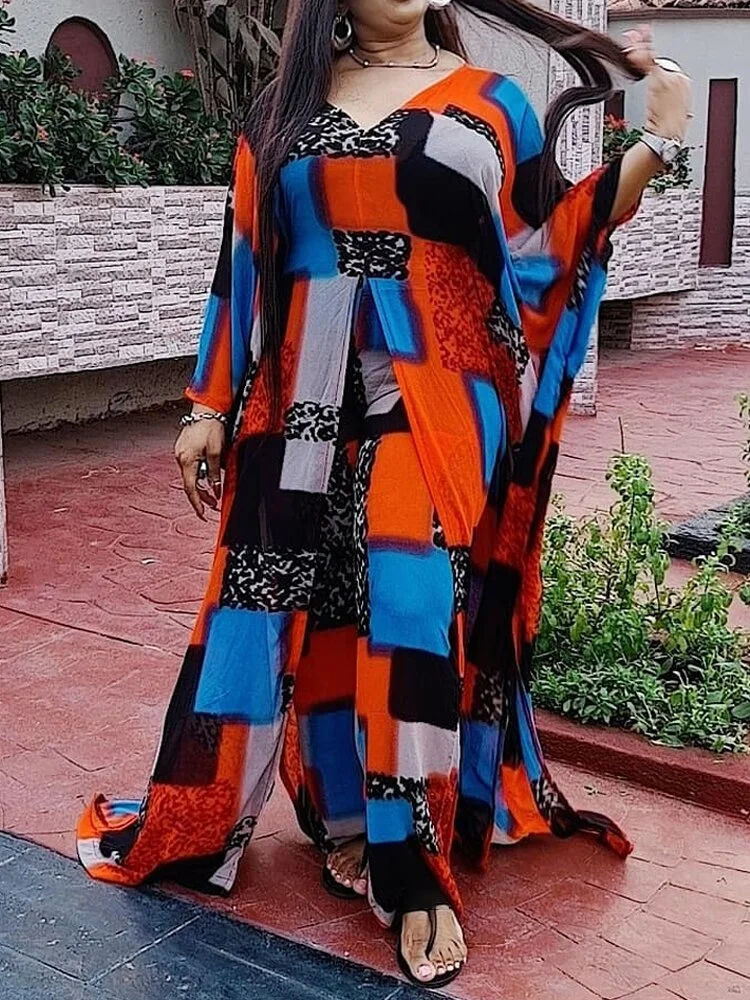 African Americans fashion QFY African Plus Size Chiffon Clothes For Women 2 Piece Set Ankara Dashiki Long Dress Pants Suits Boho Print Outfits Party Robes Ankara Style QueenFunky