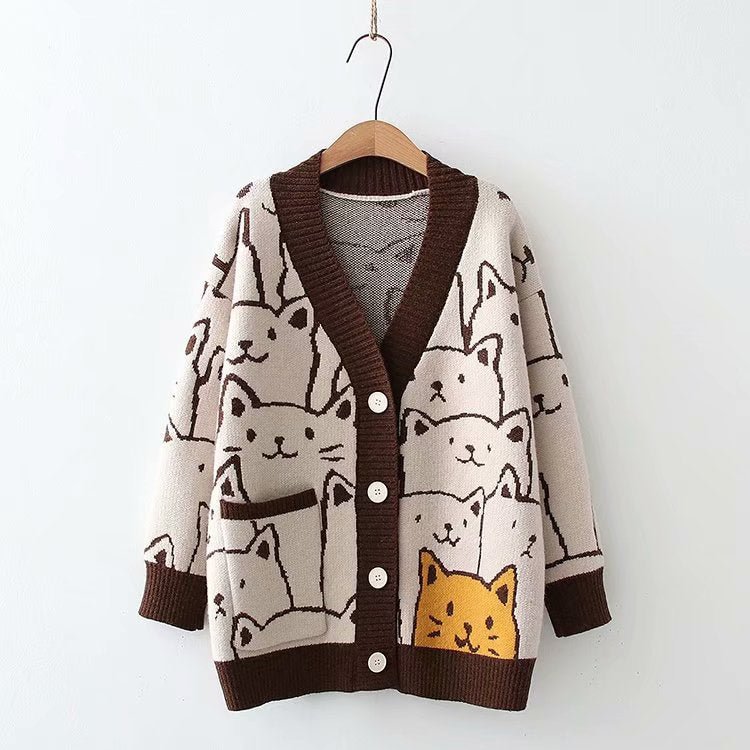 Cute Cat Printed Cardigan Sweater - Gotamochi Kawaii Shop, Kawaii Clothes