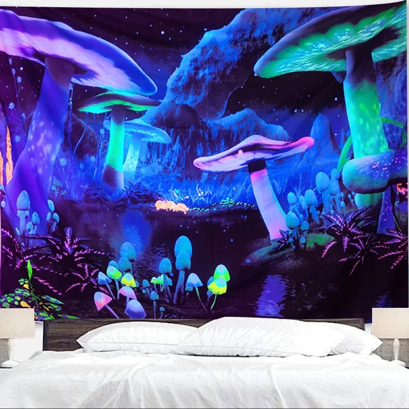 Fluorescent Mushroom Wall Hanging Tapestry Nature Art Starry Sky Galaxy Psychedelic Carpet Indian Mandala Dark Glowing Tapestry