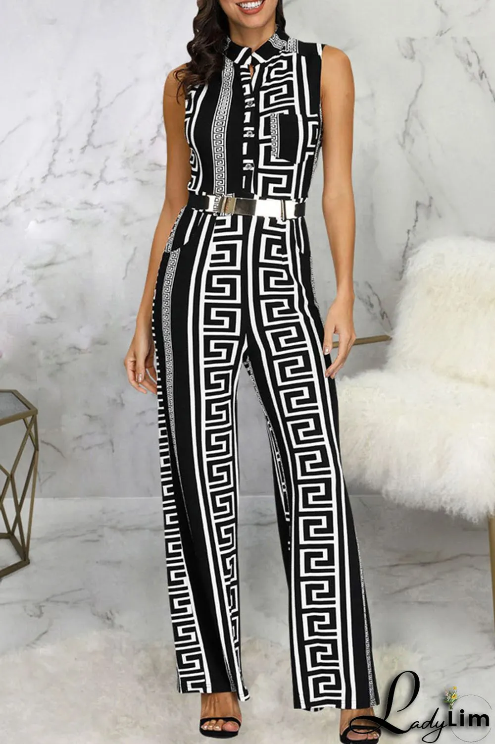 Black Yellow Casual Print Patchwork Buckle Mandarin Collar Straight Jumpsuits