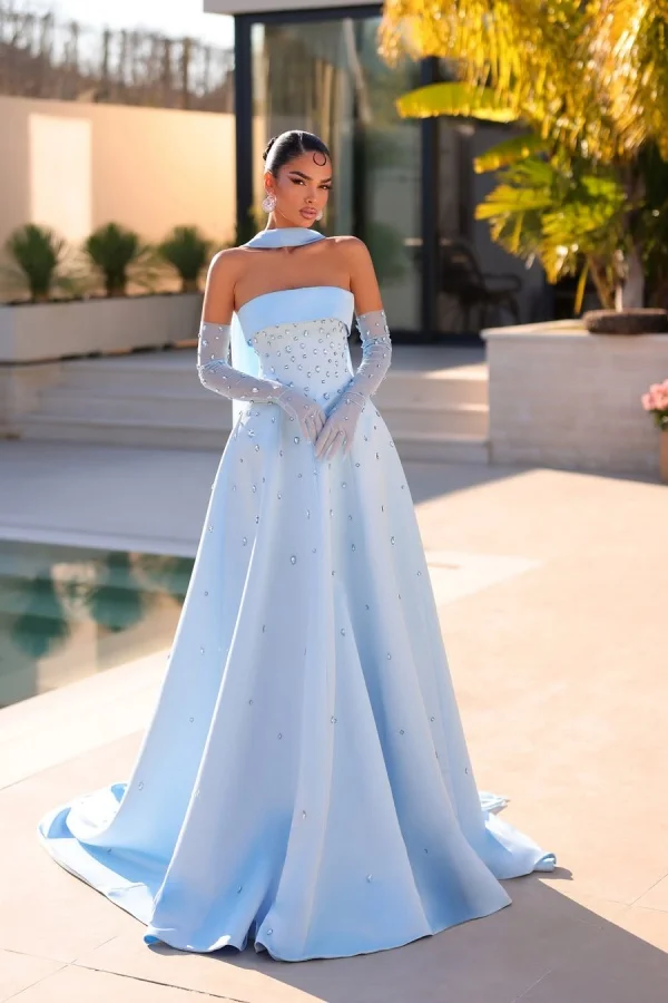 formal women's light blue strapless dress for school Floral Layers A-line Long Prom with Slit Lace-Up Strapless Long Prom Dress