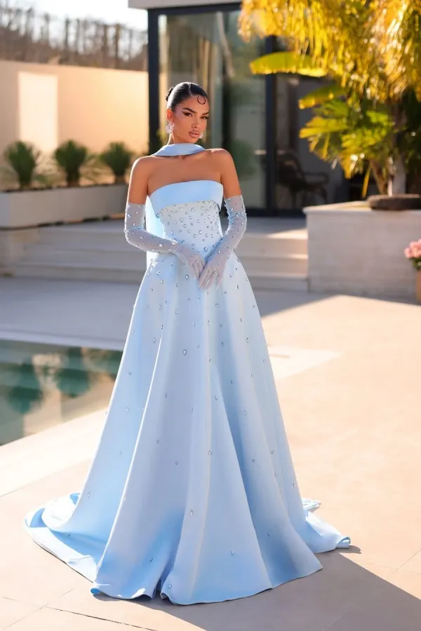 Light Blue Strapless Rhinestones Beaded A-Line Prom Dress With Gloves And Scarf | Lulustina 