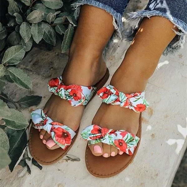 Colorful Floral Double Bow Women's Slide Sandals |FSJ Shoes