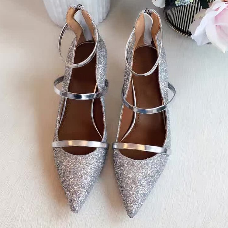 Silver Low Heel Glitter Shoes Pointy Toe Kitten Heel Pumps |FSJ Shoes