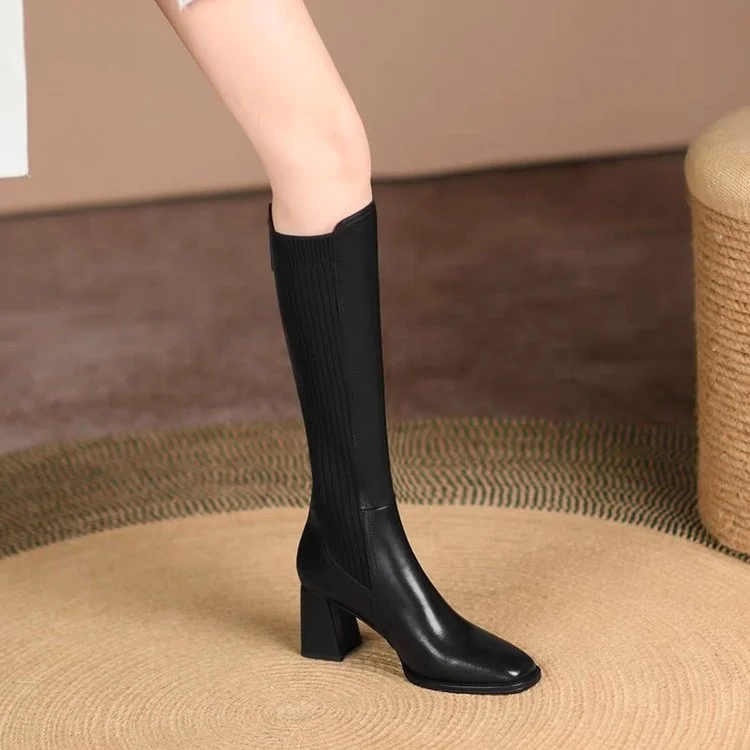 Yyvonne And High-Heeling Women's Autumn And Winter New With Women's Boots After Zipper But Knee Boots Square Head Solid Color Knight Boots
