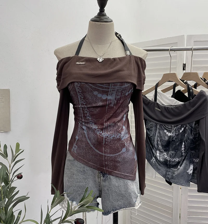 Uveng Vintage Print Shoulder Irregular Long-Sleeved T-Shirt Hanging Neck Slim Thin Short Bottom Top 2662