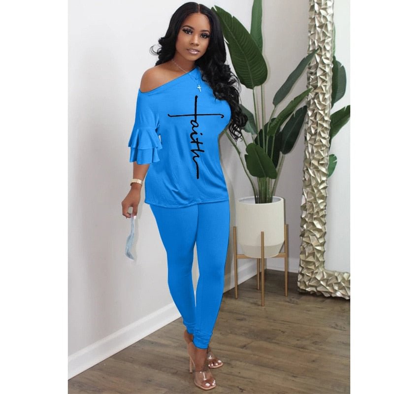 Summer Plus Size Two Piece Set Women Fashion Casual Letter Printing Tshirt Trousers Suit Ladies Home Two Piece Suit