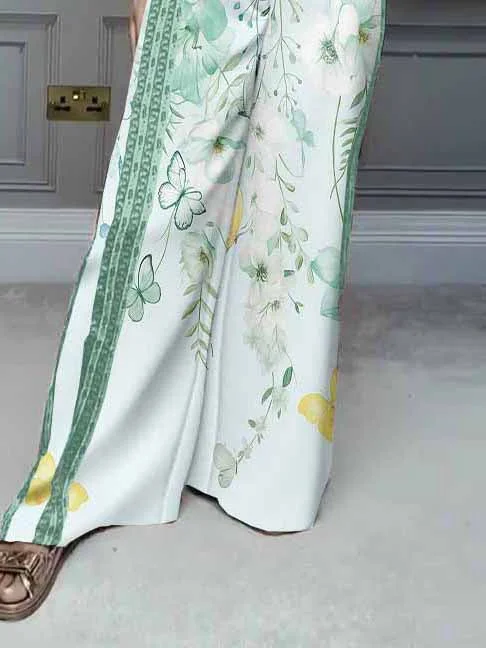 Women Floral, Green, Yellow DZDL1147 V-neck Short Sleeve Blouse and Pants Set