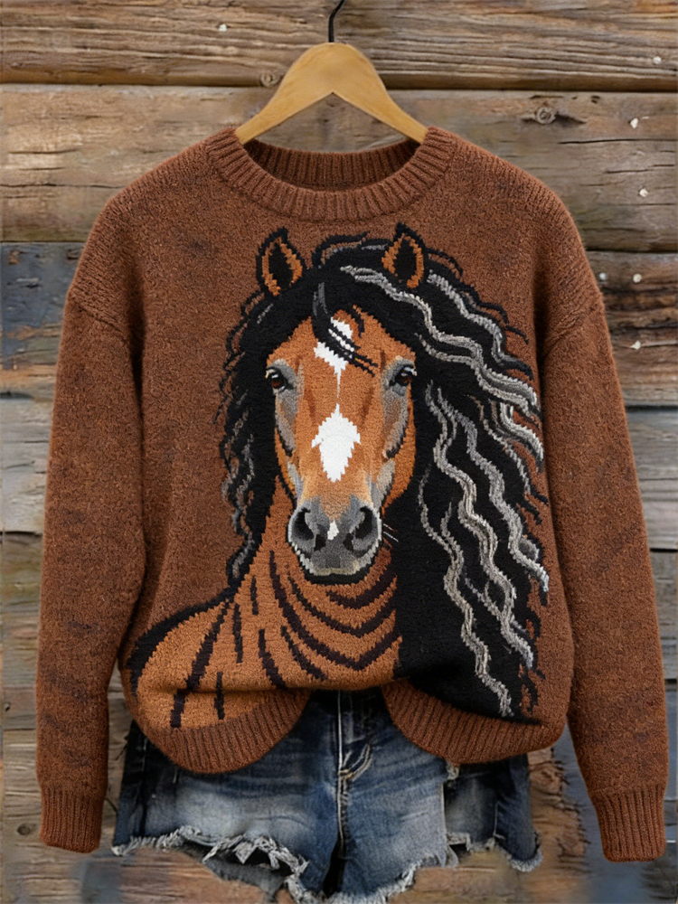 Vintage Horse Knit Art Cozy Sweater wearshes