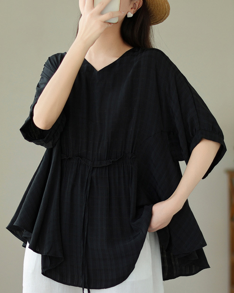Drawstring Detail V Neck Short Sleeve Solid Color Loose Top