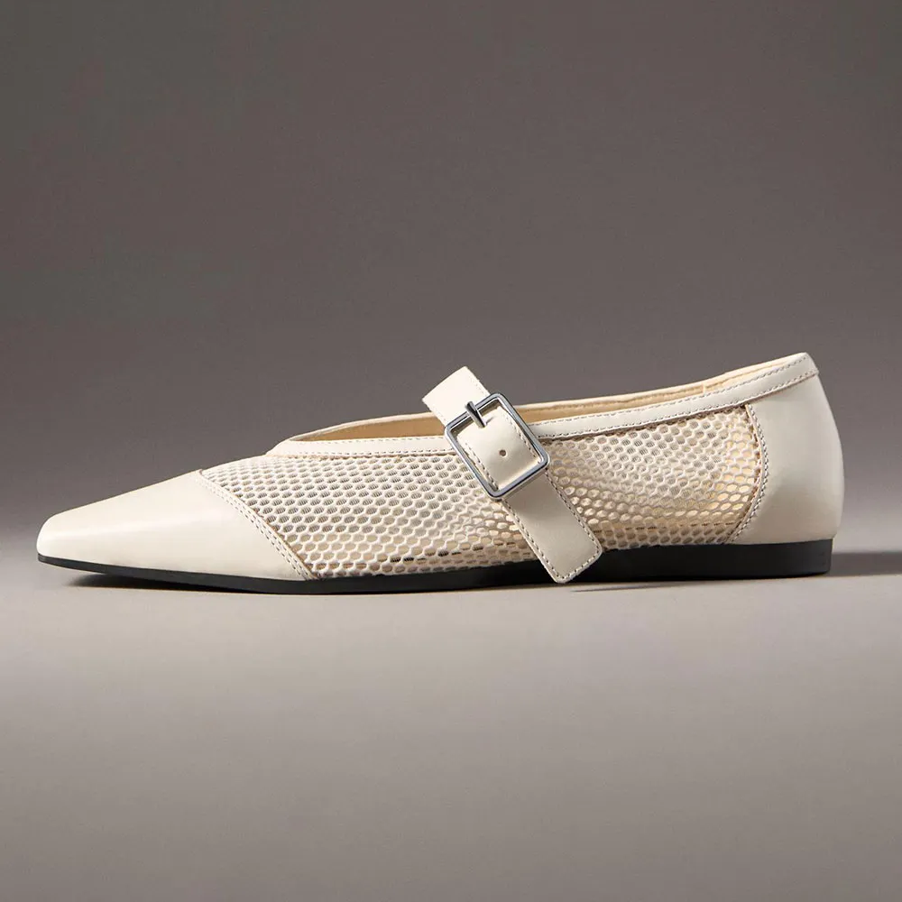 Ivory Square Toe Mesh Patchwork Buckle Strap Flat Shoes Women
