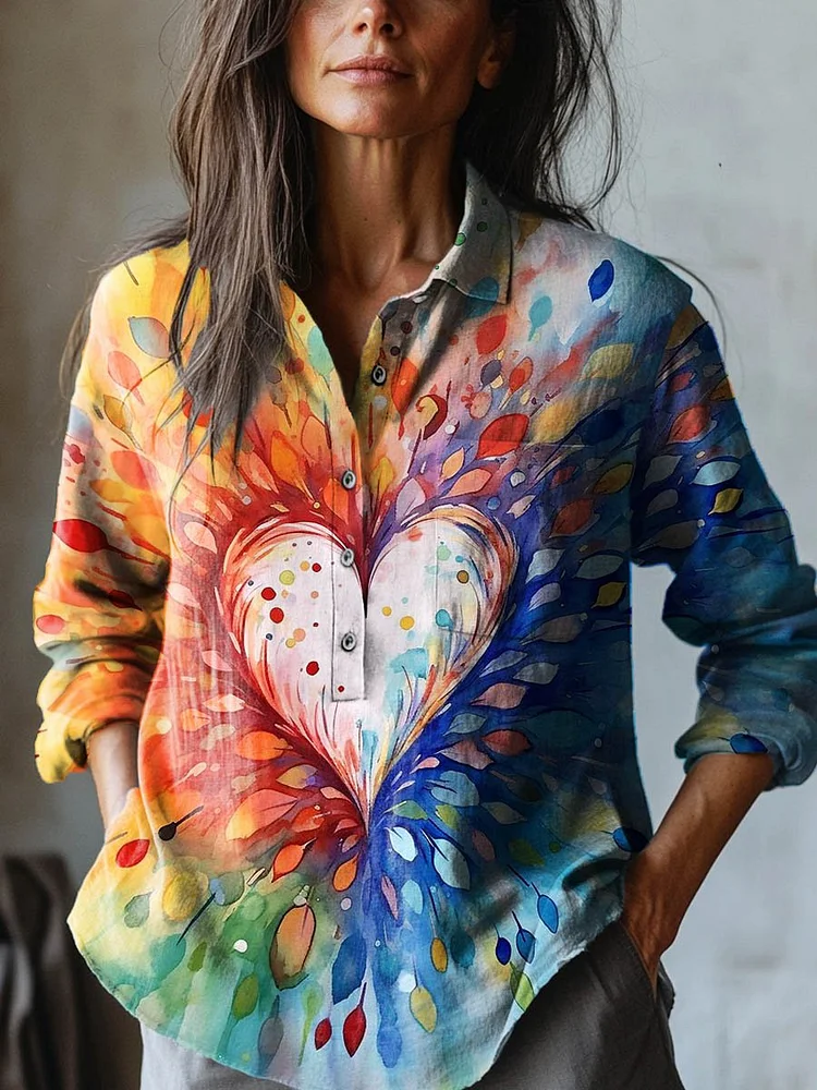 Women's Love Painting Art Print Casual Cotton And Linen Shirt