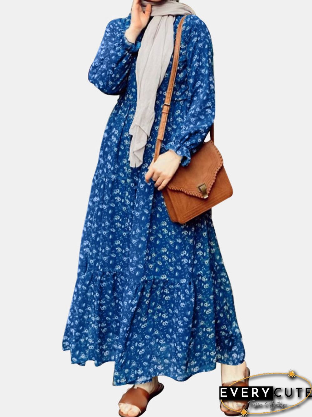 Floral Print Ruffle Long Sleeve Casual Muslim Dress for Women