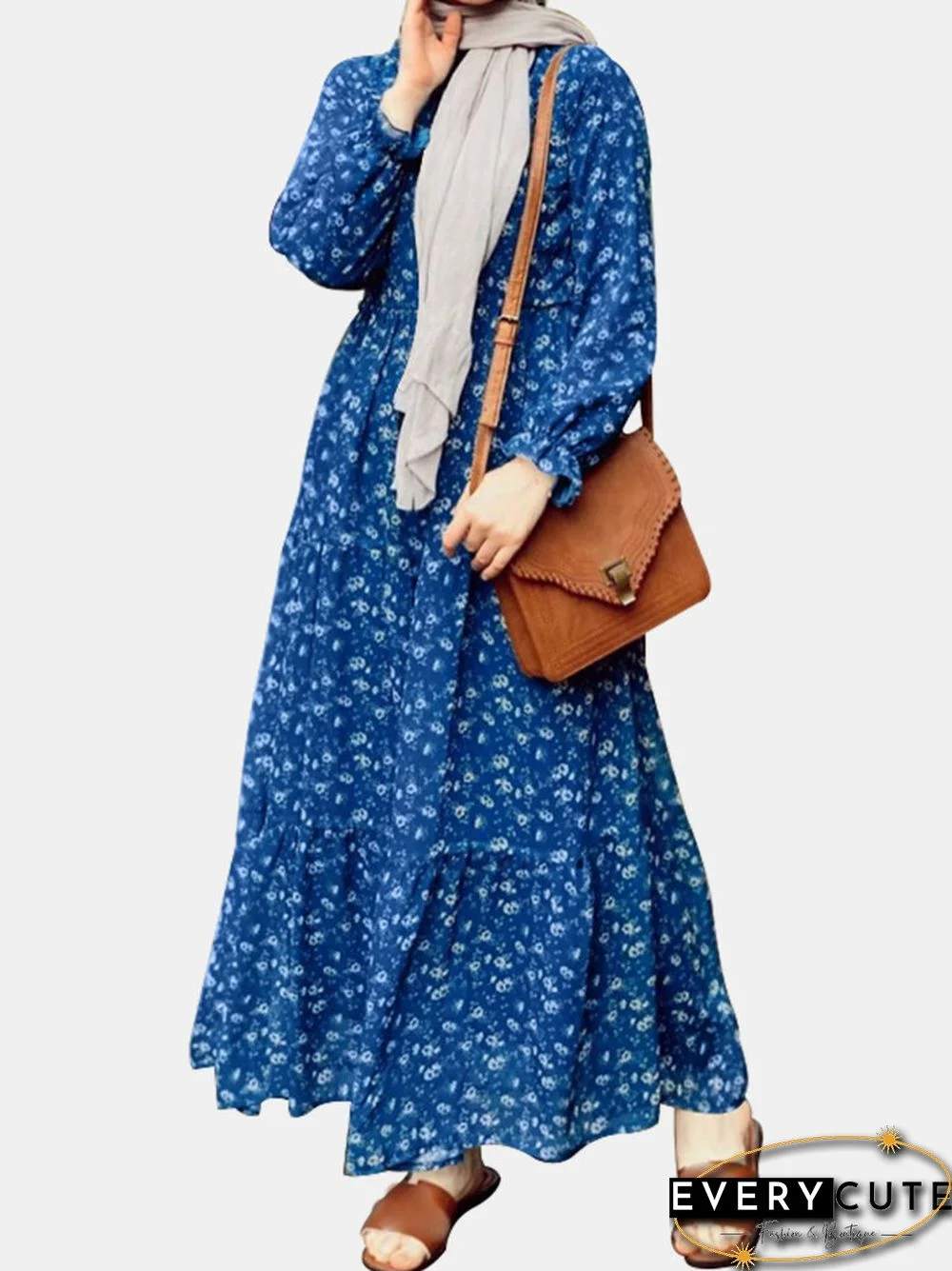 Floral Print Ruffle Long Sleeve Casual Muslim Dress for Women
