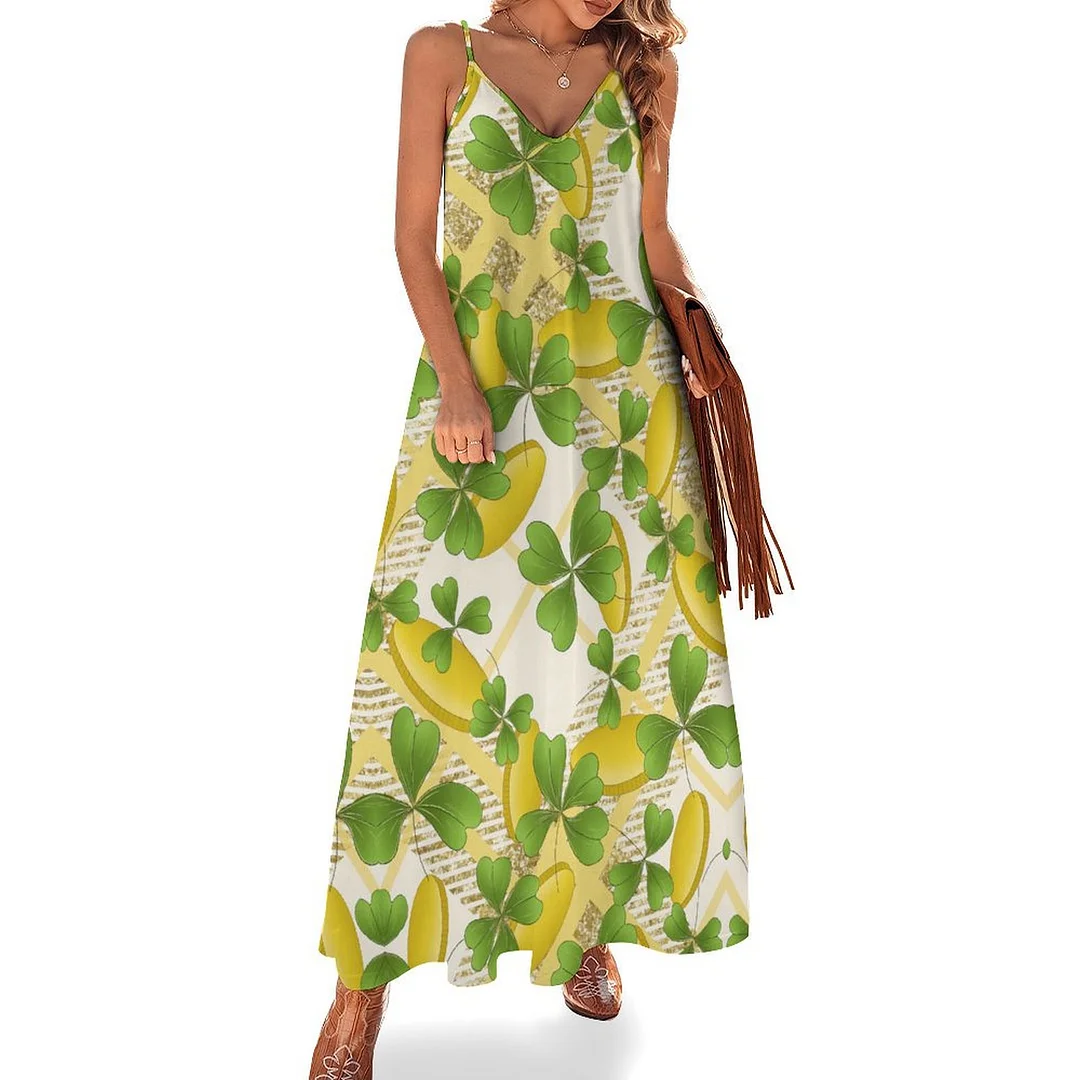 Style & Comfort for Mature Women Plus Size Printed Sling Casual Women Maxi Dress in Pattern St. Patrick's Day, Green, Clover, Lucky
