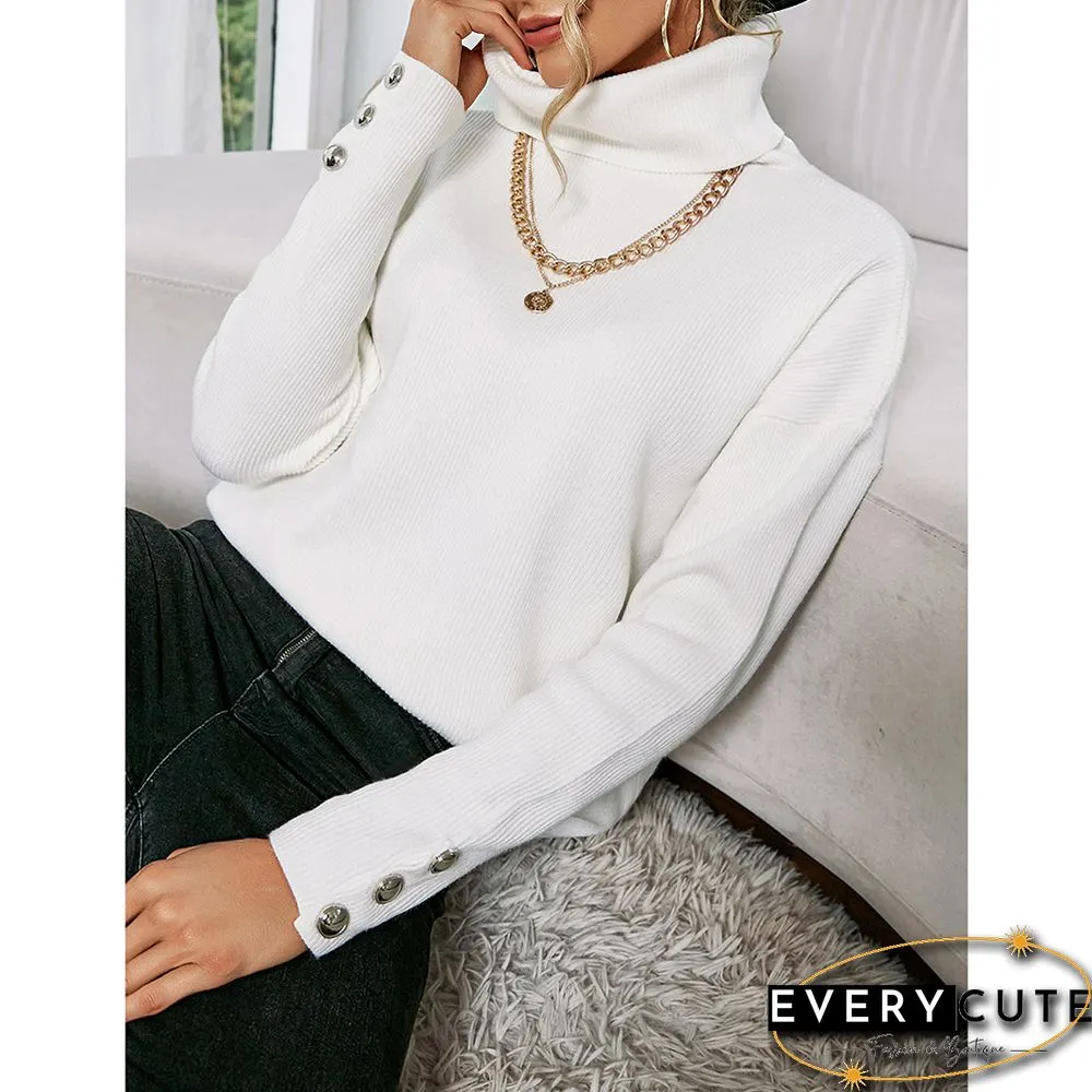 White Turtleneck Button Cuff Long Sleeve Knit Sweater