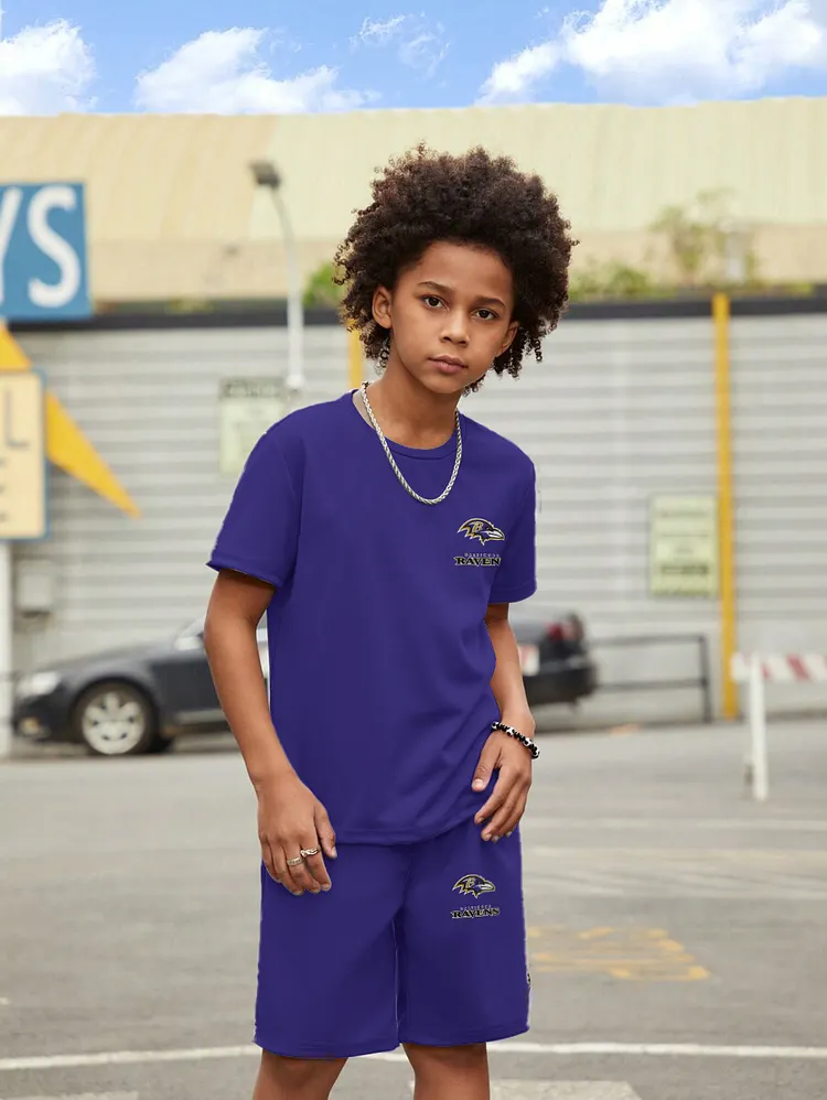Baltimore Ravens New Design Kids（5-14Y)' Casual Crew Neck T-shirt And Drawstring Shorts  2pcs/Set