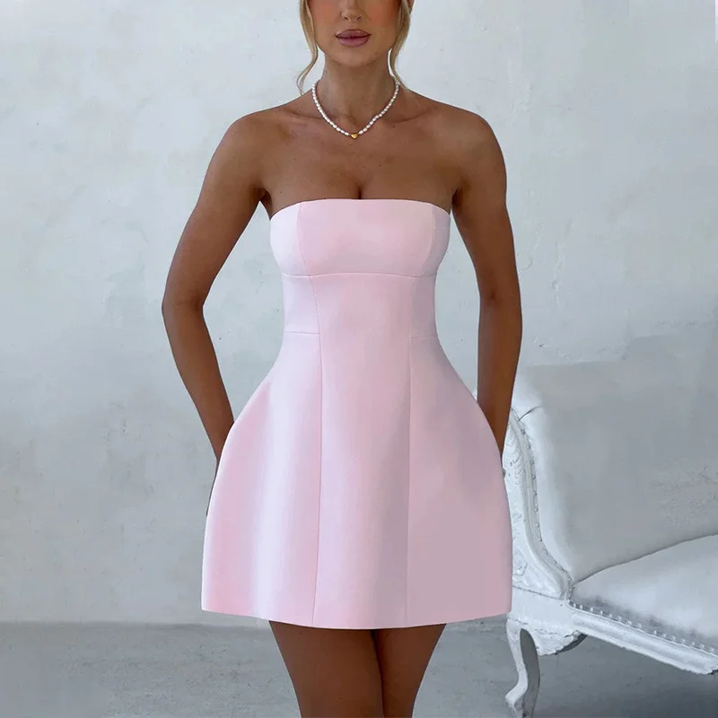 Brownm Gentle Style Dress Women 2025 Summer New Fashion Sweet Wind Bra High Waist Design Solid Dress