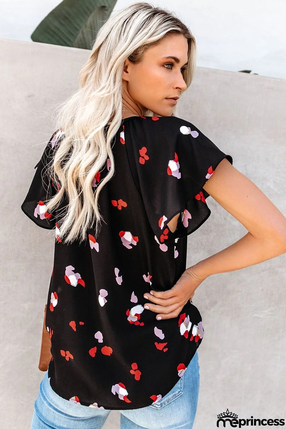 V-neck Short Sleeve Fashion Print Fantasy Fluttering Blouse