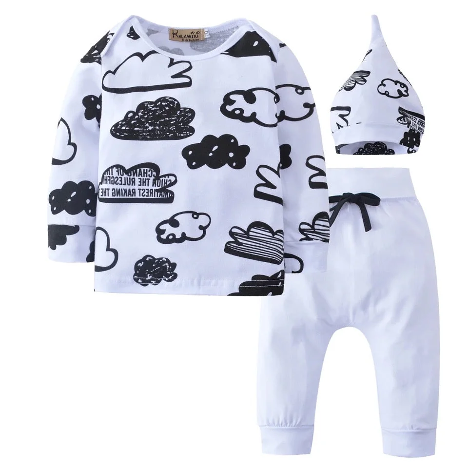 Newborn Boys Printed Cotton Long Sleeve T Shirt Pants Cap Clothes