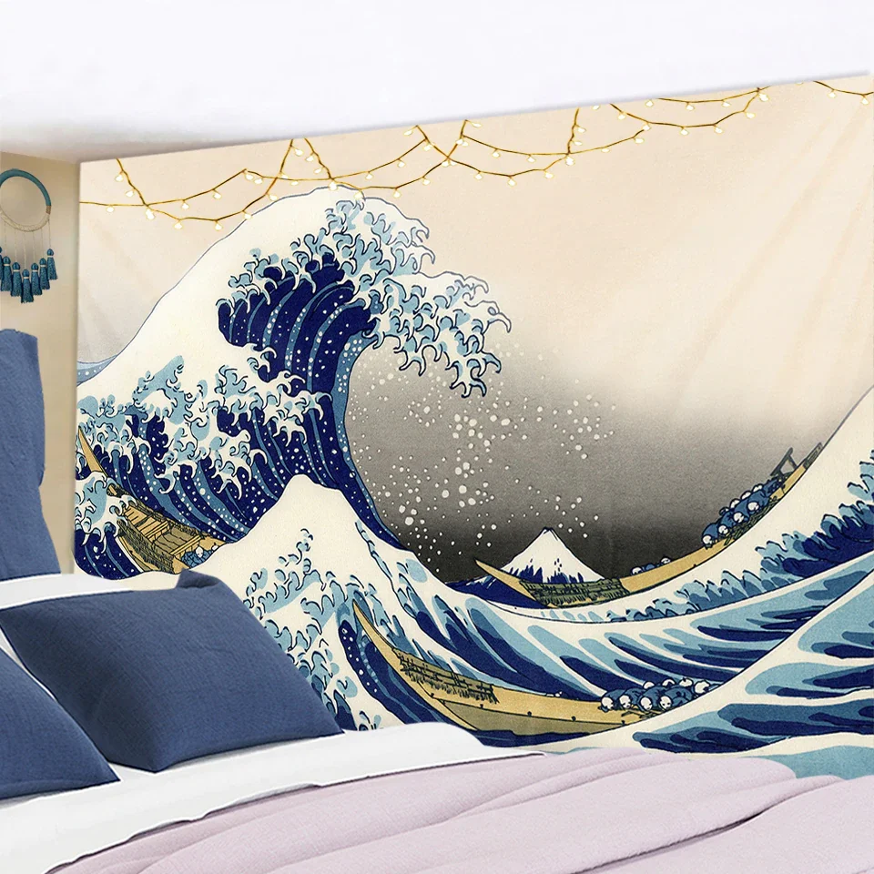 Nigikala Kanagawa Waves Printed Hanging Tapestry Sun Wall Hanging Tapestries Boho Bedspread Yoga Mat Blanket