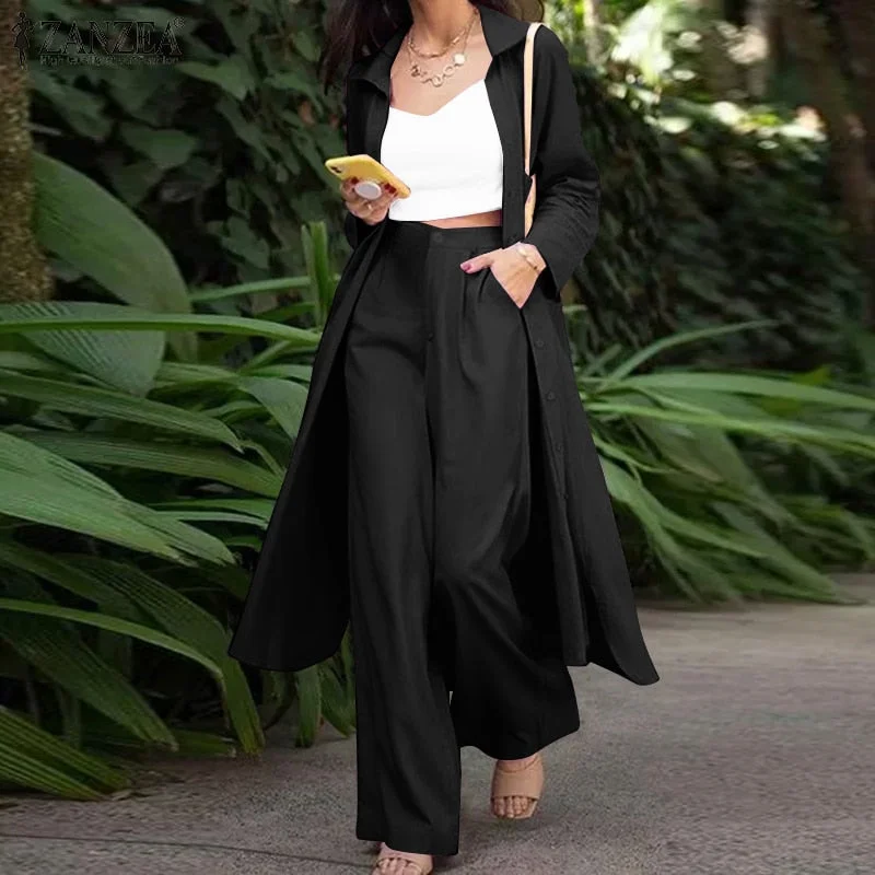 UForever21  Fashion Long Sleeve Shirt 2PCS Women Suits Autumn Matching Sets Solid Loose Pant Sets Casual Wide Leg Trousers Oversized