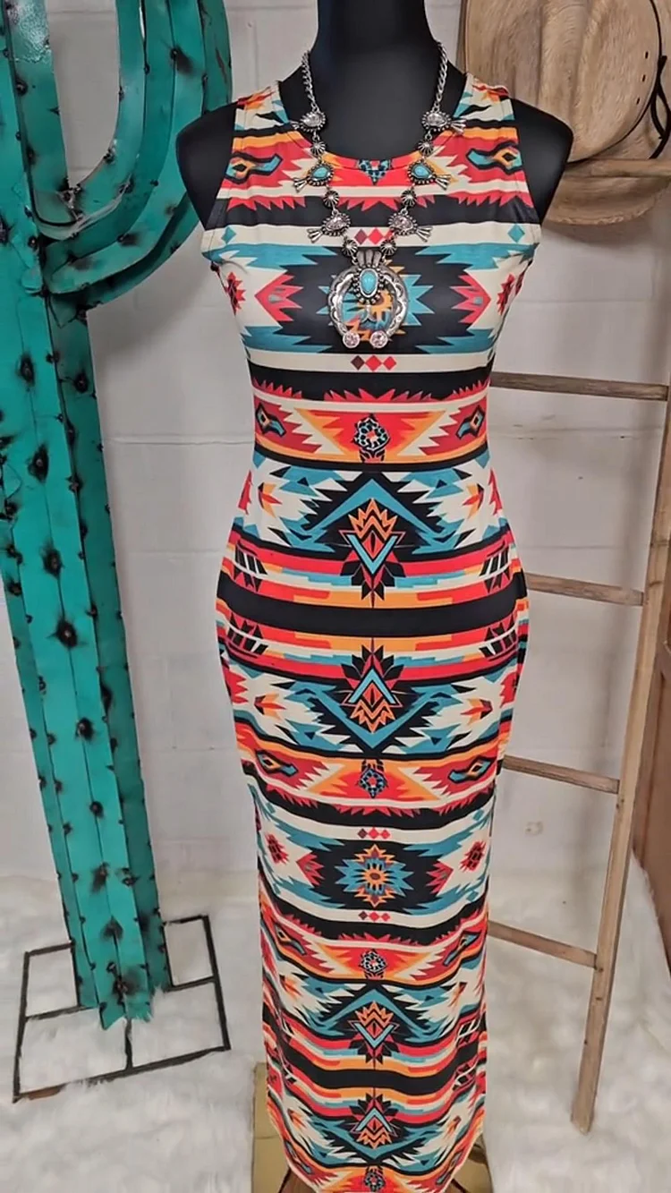Vintage Aztec Print Vest Maxi Dress