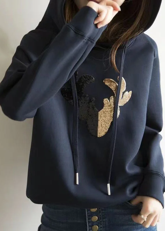 French Navy Hooded Sequins Patchwork Cotton Sweatshirt Fall