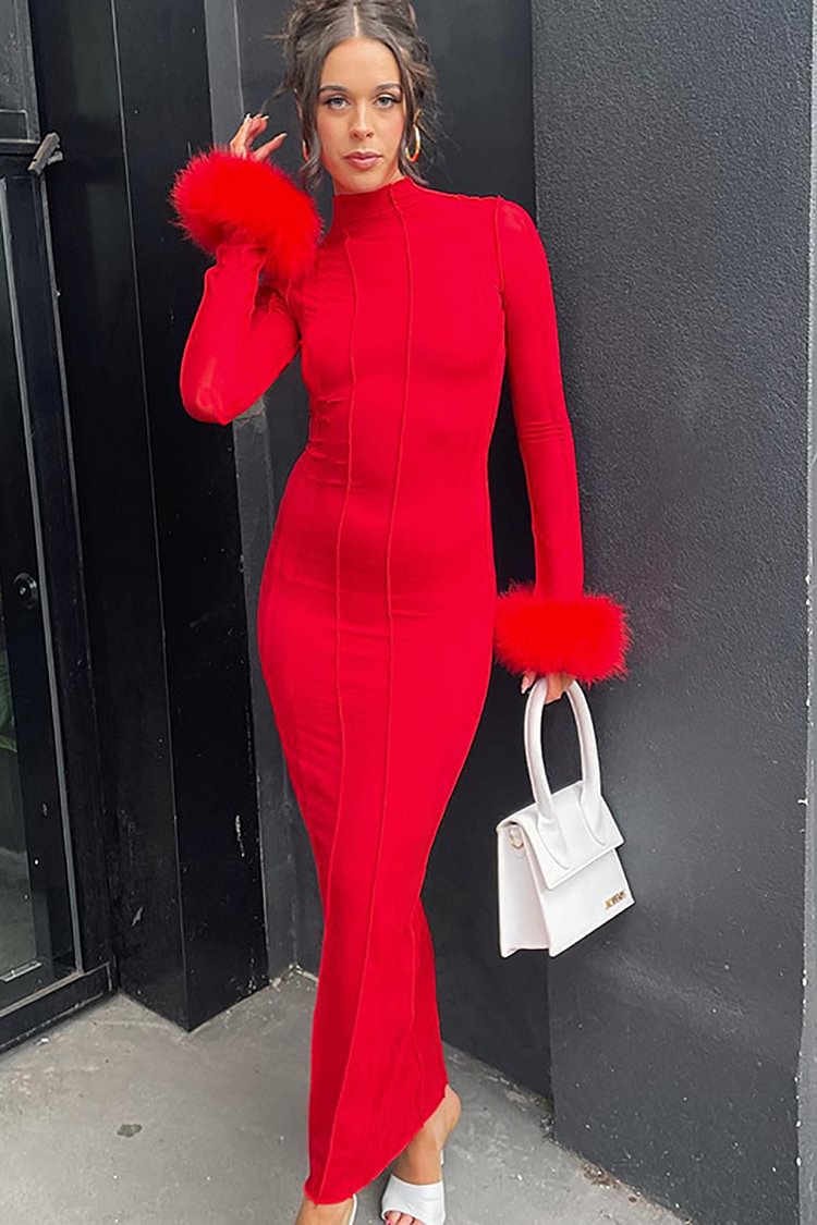 Backless Stand Collar Feather Cuff Cocktail Party Maxi Dresses