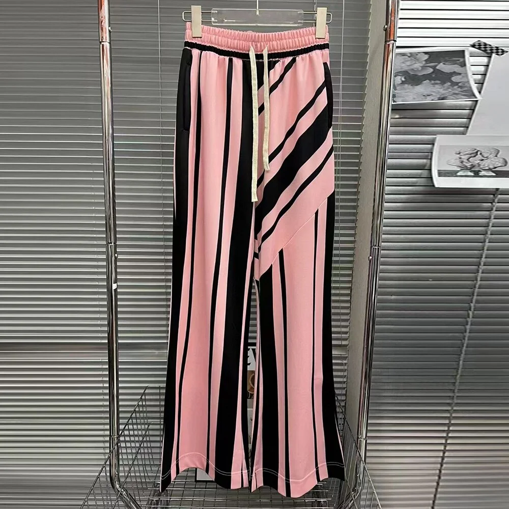 Ueong TWOTWINSTYLE Casual Irregular Striped Wide Leg Pants For Women High Waist Print Loose Trousers Female Spring Clothing Style 2022