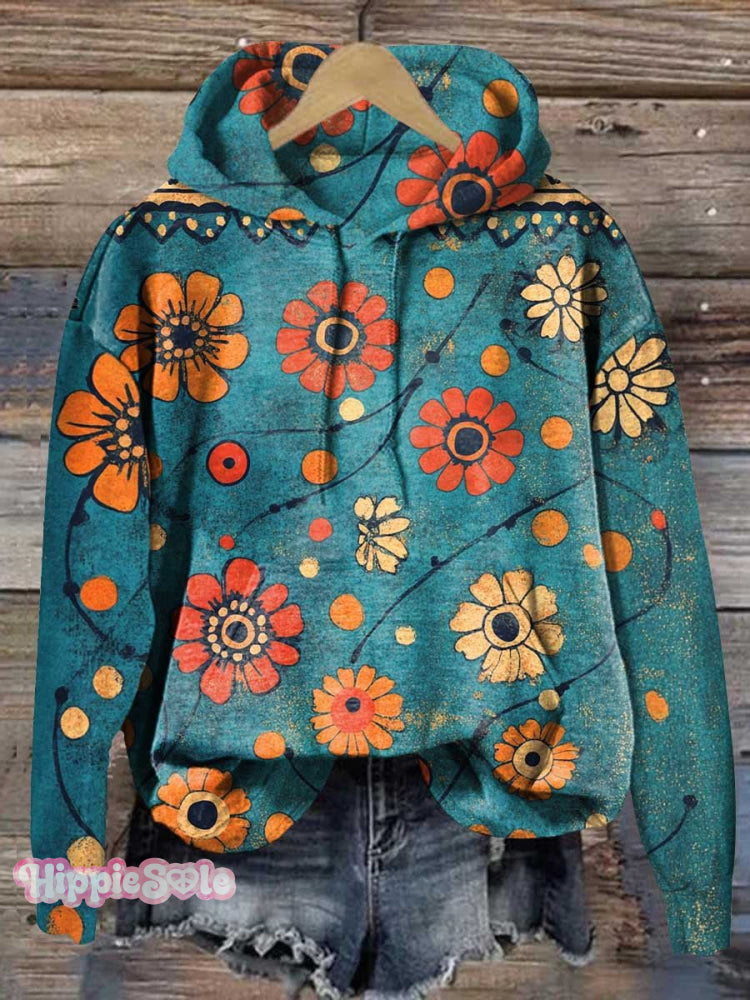 Retro Hippie Ethnic Flowers Pattern Love And Peace Casual Hoodie Sweatshirt Multicolor / S
