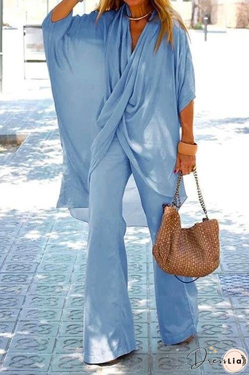 Meridress Cross Front Batwing Top Wide Leg Pants Cotton Linen Set