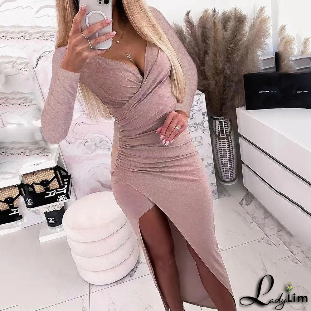 Women's Fashion Long Sleeve Shiny Long-sleeved Dinner Dress