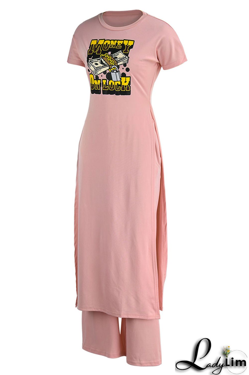 Black Casual Print Patchwork Slit O Neck Short Sleeve Two Pieces