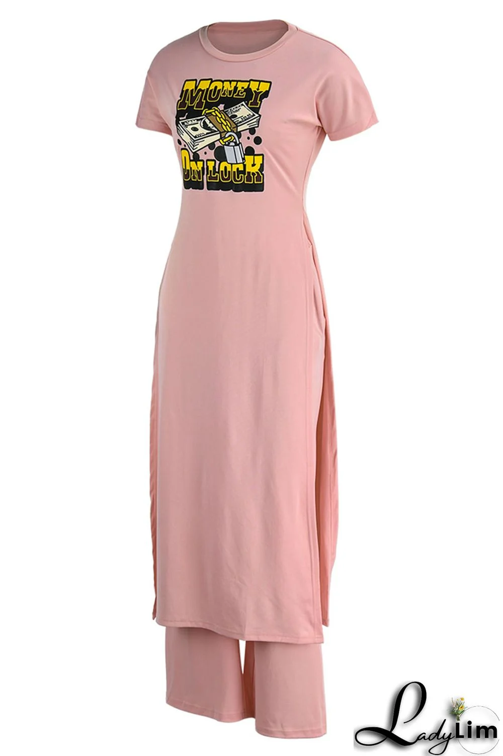 Black Casual Print Patchwork Slit O Neck Short Sleeve Two Pieces