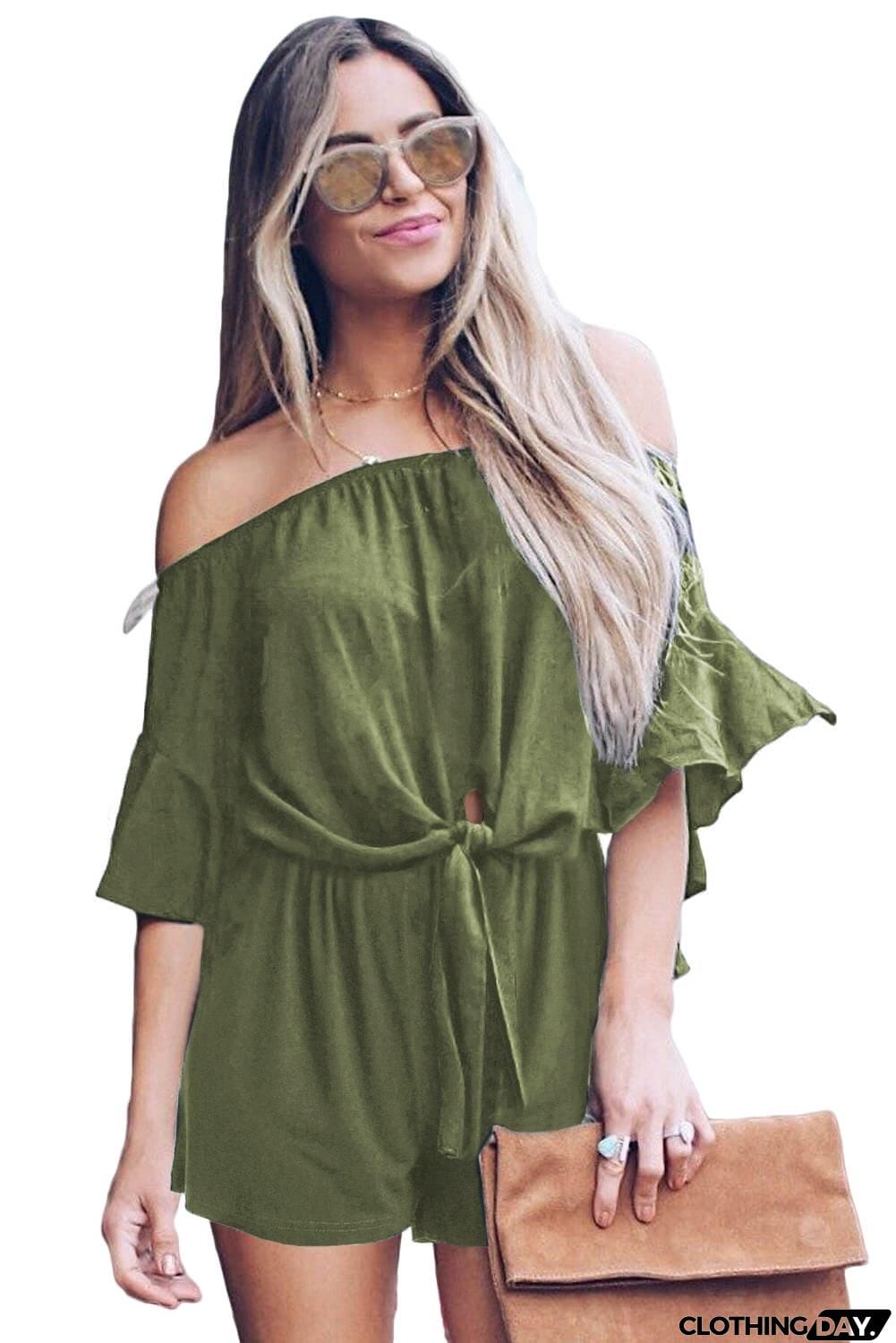 Bell Sleeve Off Shoulder Front Tie Knot Romper