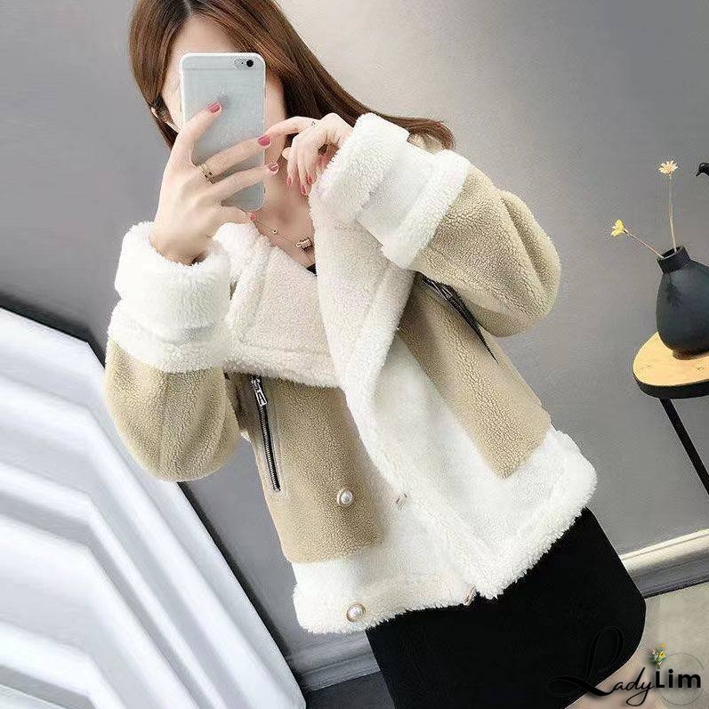 Short Loose Knit Lamb Wool Coat for Women