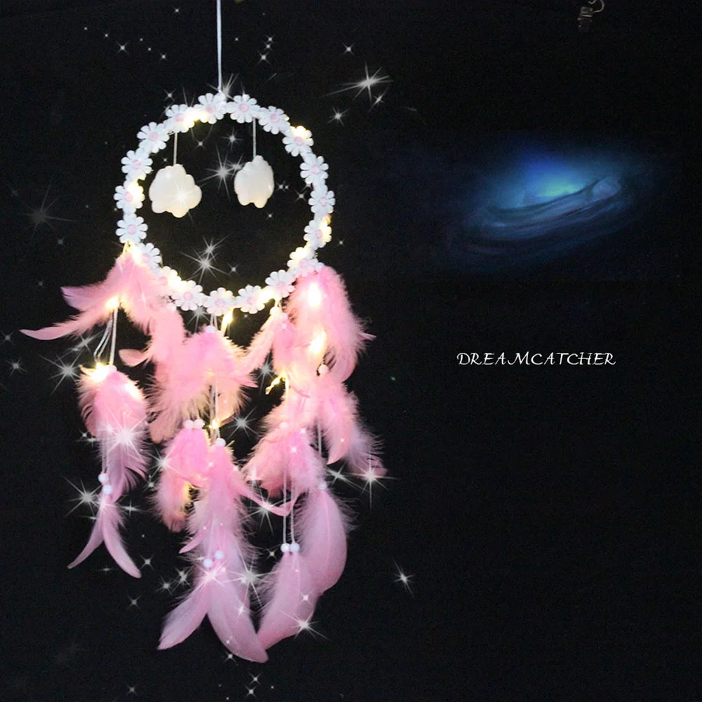 LED Flower Cloud Feather Dreamcatcher String Light Decorative Lamp (Pink)