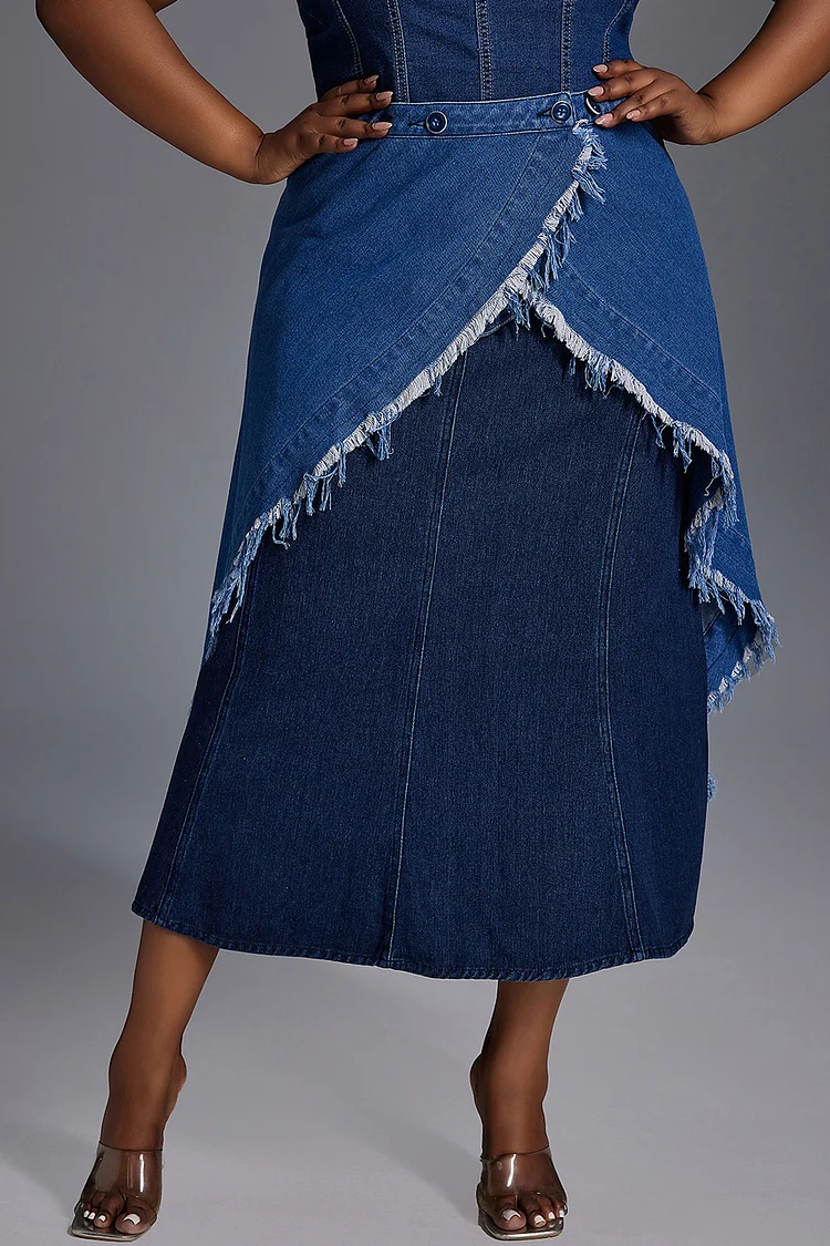 Xpluswear Design Plus Size Daily Skirt Blue Asymmetrical Denim Skirt [Pre-Order]