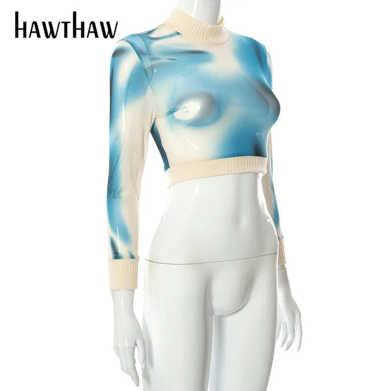 Hawthaw Women Fashion Autumn Winter Long Sleeve Printed Mesh Kntted T Shirt Crop Tops Pullover 2021 Fall Clothes Wholesale Items