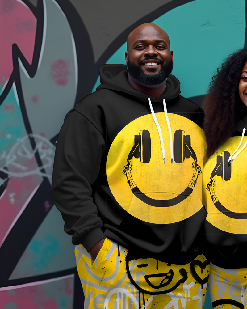 Couple Plus Size Street Music Smiley Doodle Print Hoodie Set