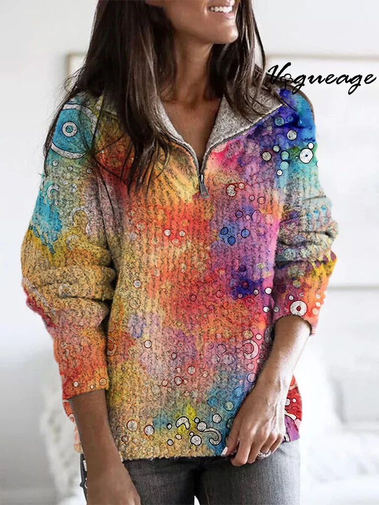 Colorful Gradient Bubble Zippered Long-Sleeved Sweater