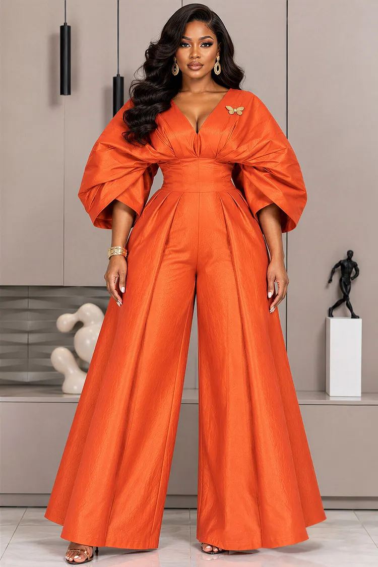 Xpluswear Design Plus Size Formal Orange V Neck Half Sleeve Pocket Wide Leg Satin Jumpsuits [Pre-Order] 2024 - Xpluswear