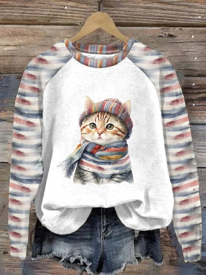 Women's Contrast Color Cat Casual Sweatshirt