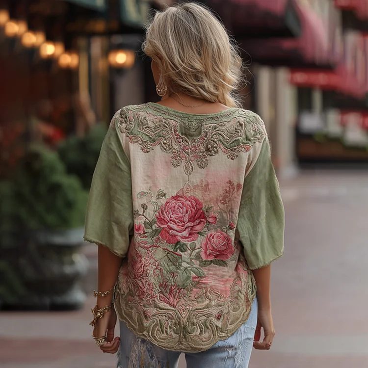 Love & Health Collection Classic Rose And Floral Art Linen Round Neck Shirt