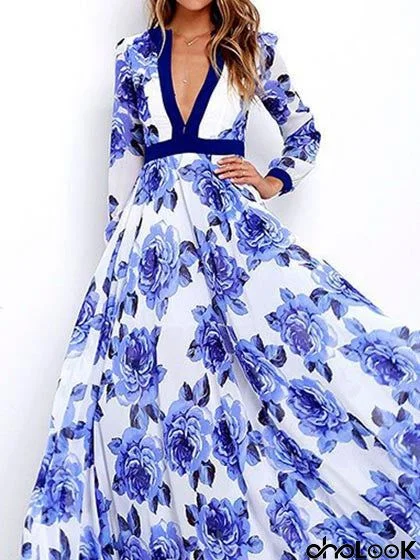 Deep V Plunge Floral Print Maxi Dress