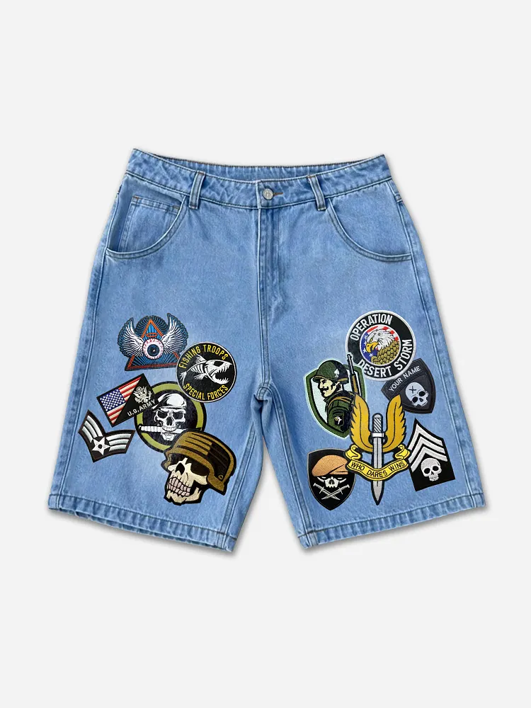 80s Badge Patchwork Denim Shorts