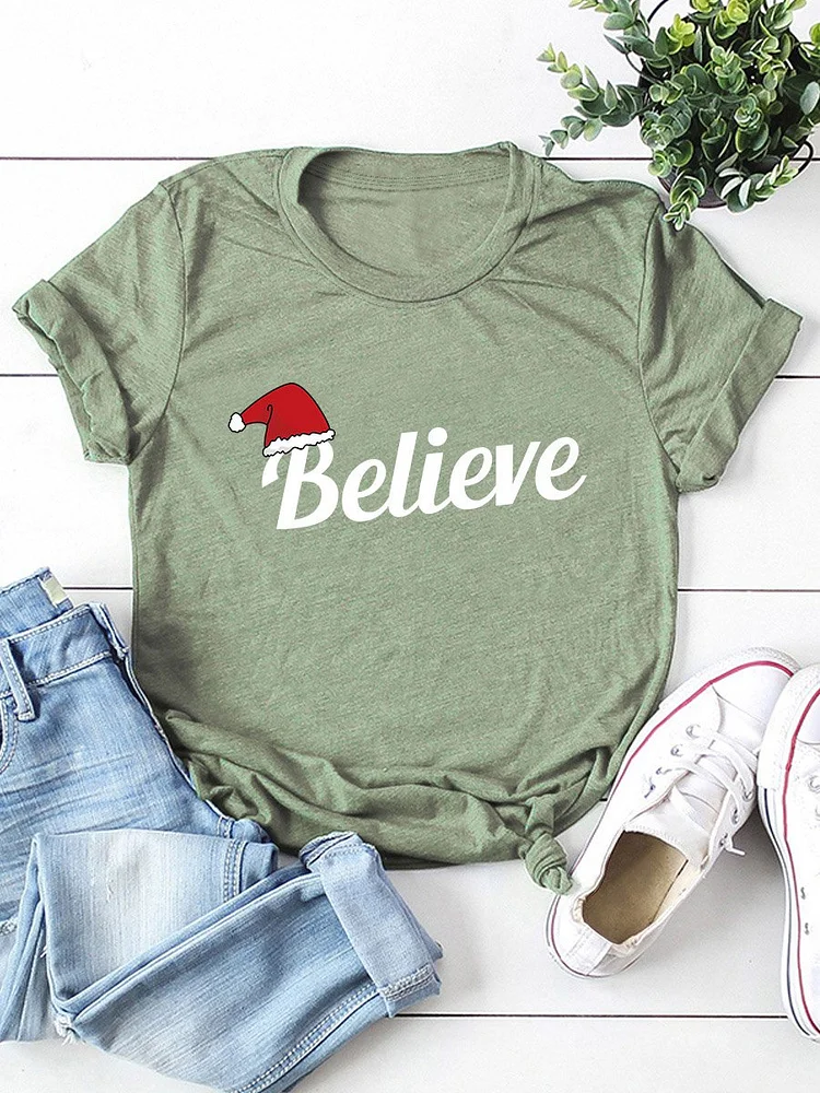 Bestdealfriday Christmas Hat Believe Graphic Tee